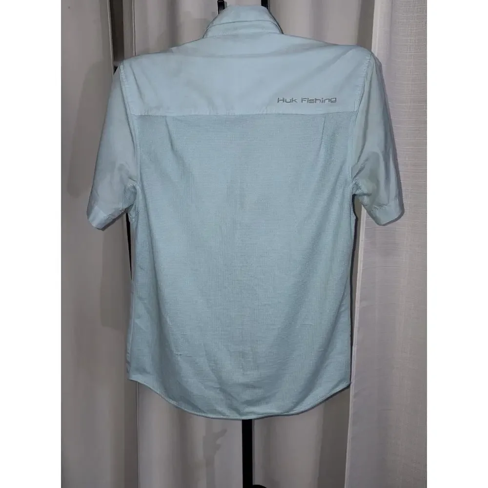 Huk Men’s Light Blue Short Sleeve Button-Down Fishing Shirt Pockets L Poly